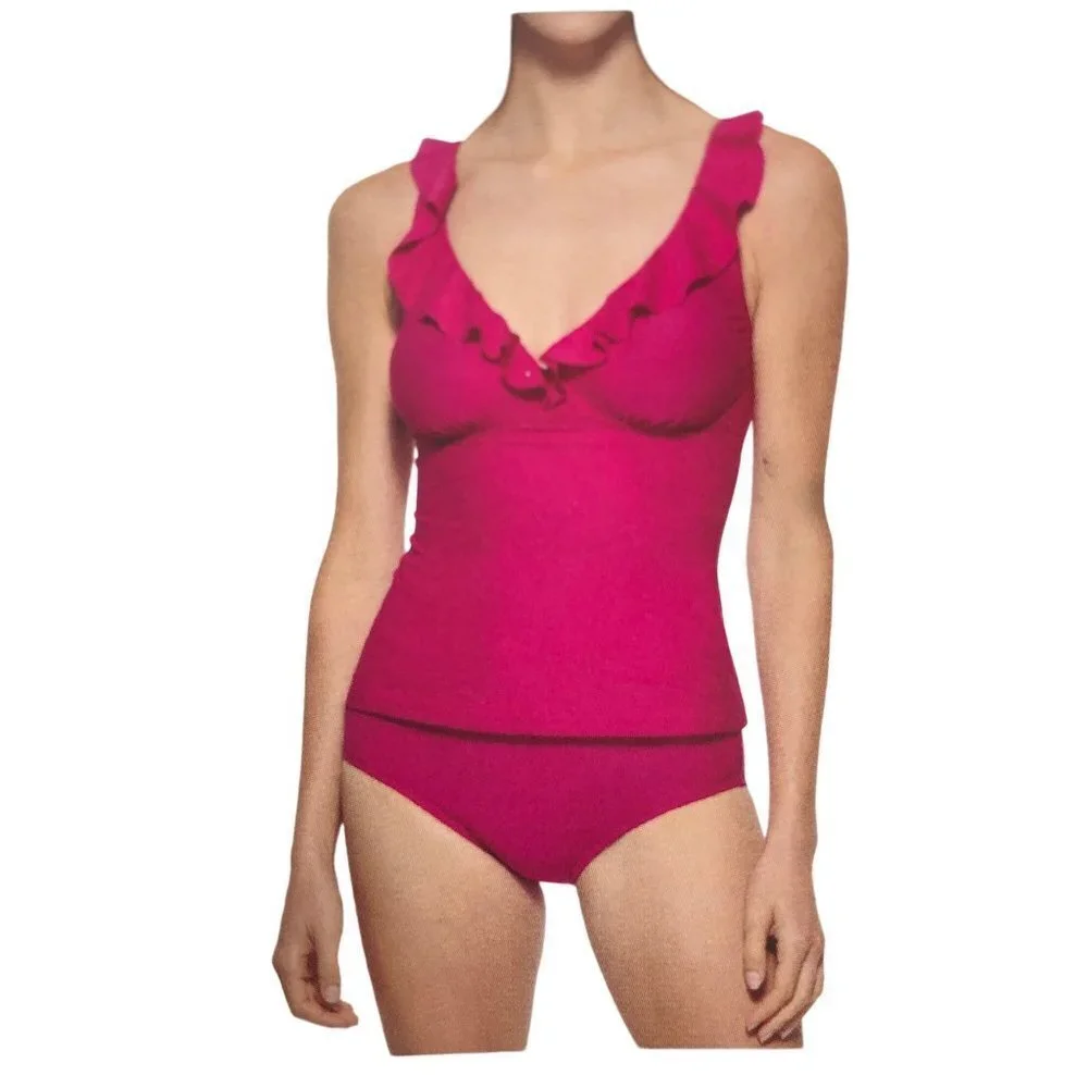 DKNY V NECK $118 Ruffle Women’s Two -Piece Swimsuit Pink SM NEW WITH TAG - Picture 2 of 10
